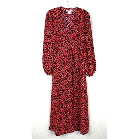 Glamorous Maxi Wrap Dress Size 4 Orange Black Floral Rose Balloon Sleeve - Picture 1 of 8